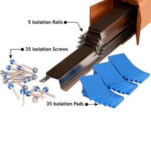 The isoTrax Soundproofing System which consists of 5 isolation rails, 35 isolation screws and 35 isolation pads