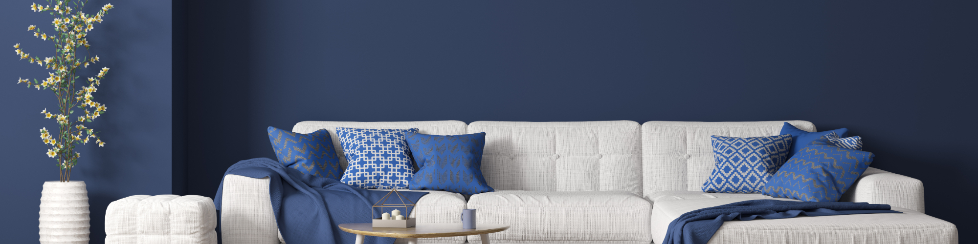 blue room with white couch