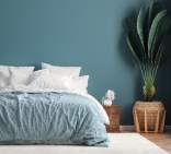 bed in bedroom with teal wall