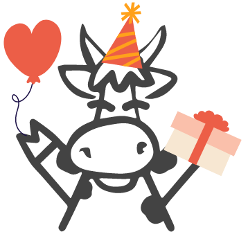 cow holding birthday present and birthday balloon