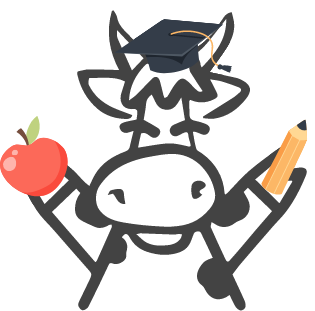 cow mascot with graduation cap, apple and pencil