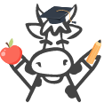 cow mascot holding apple and pencil