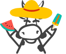 Cow wearing summer hat holding popsicle and watermelon