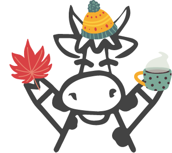 cow wearing hat and holding leaf and coffee